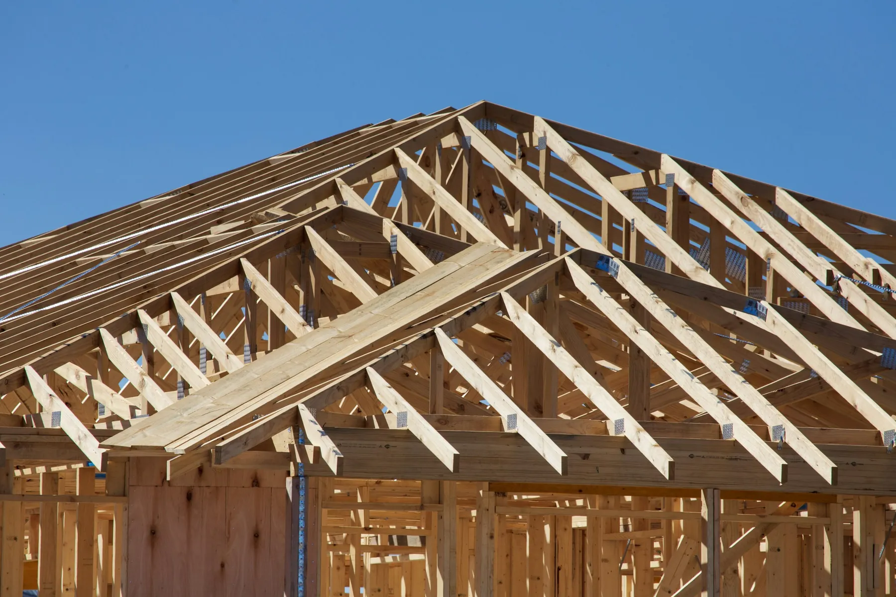 Timber roof trusses and wall framing of a new house under construction against a clear blue sky